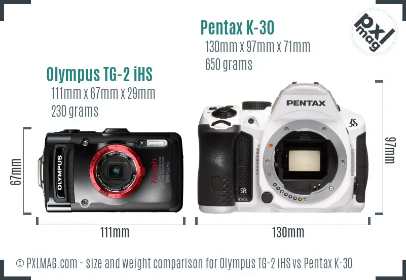 Olympus TG-2 iHS vs Pentax K-30 size comparison