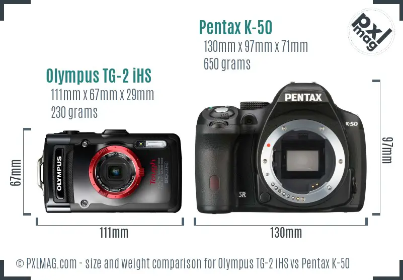 Olympus TG-2 iHS vs Pentax K-50 size comparison