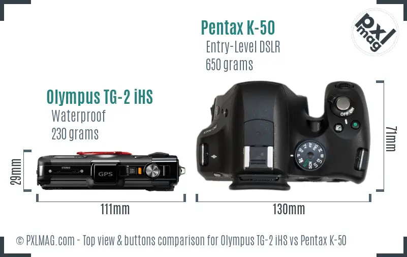 Olympus TG-2 iHS vs Pentax K-50 top view buttons comparison