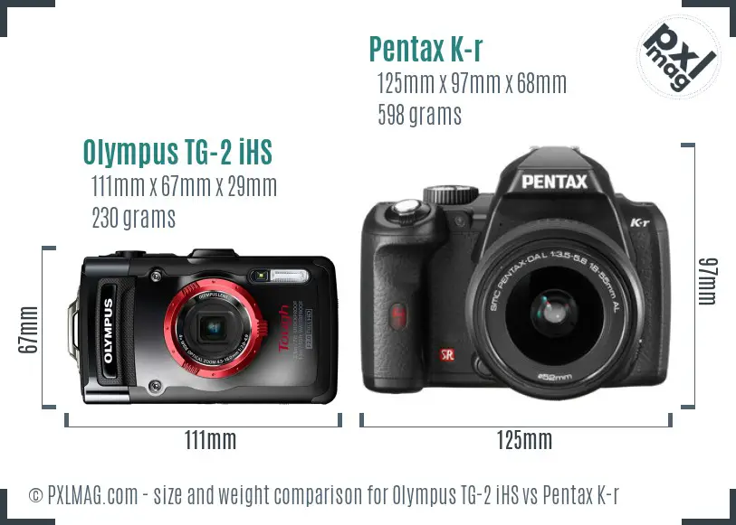 Olympus TG-2 iHS vs Pentax K-r size comparison