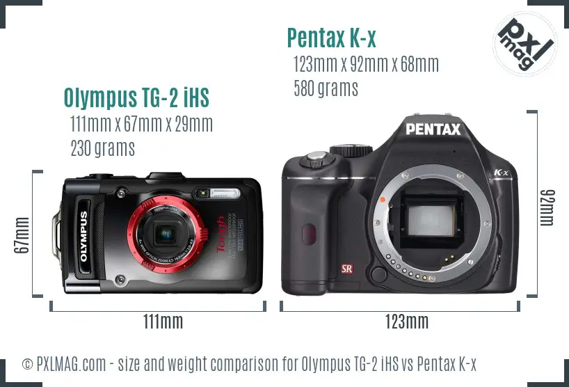 Olympus TG-2 iHS vs Pentax K-x size comparison