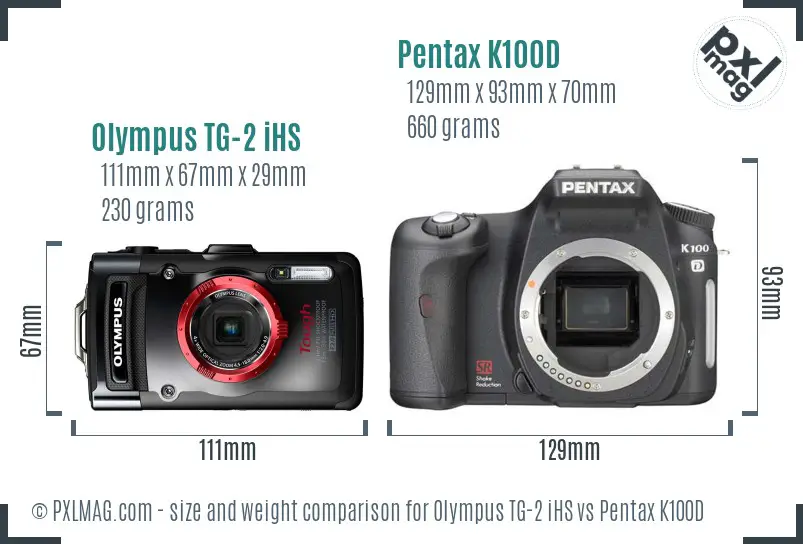 Olympus TG-2 iHS vs Pentax K100D size comparison Olympus TG-2 iHS vs Pentax K100D size comparison
