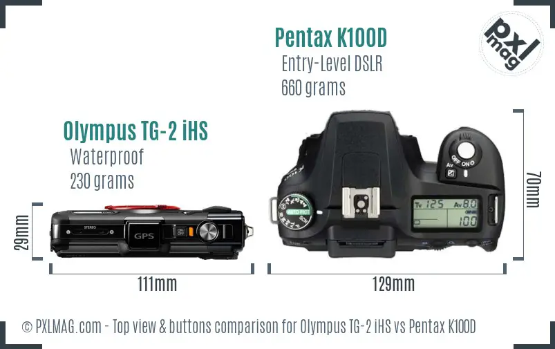 Olympus TG-2 iHS vs Pentax K100D top view buttons comparison Olympus TG-2 iHS vs Pentax K100D top view buttons comparison