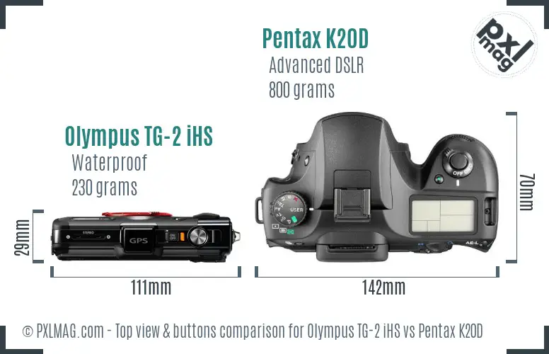 Olympus TG-2 iHS vs Pentax K20D top view buttons comparison