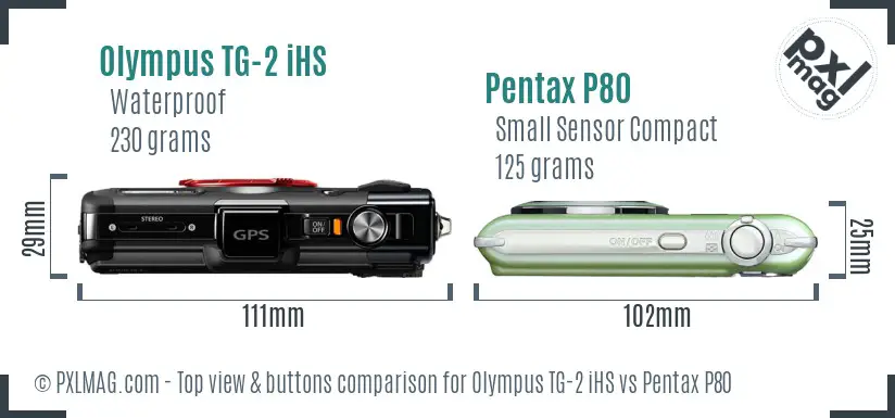 Olympus TG-2 iHS vs Pentax P80 top view buttons comparison Olympus TG-2 iHS vs Pentax P80 top view buttons comparison