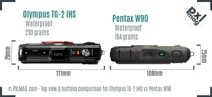 Olympus TG-2 iHS vs Pentax W90 top view buttons comparison