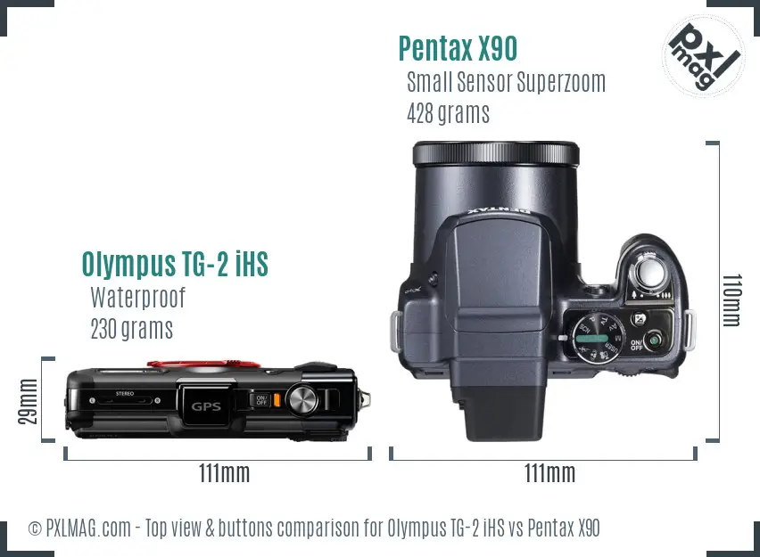 Olympus TG-2 iHS vs Pentax X90 top view buttons comparison Olympus TG-2 iHS vs Pentax X90 top view buttons comparison
