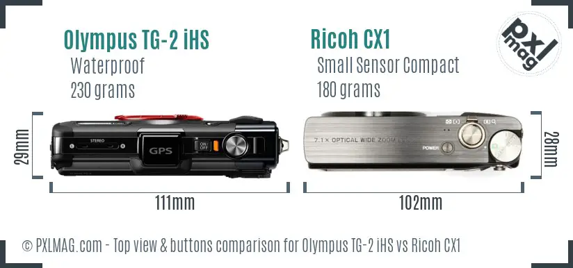 Olympus TG-2 iHS vs Ricoh CX1 top view buttons comparison