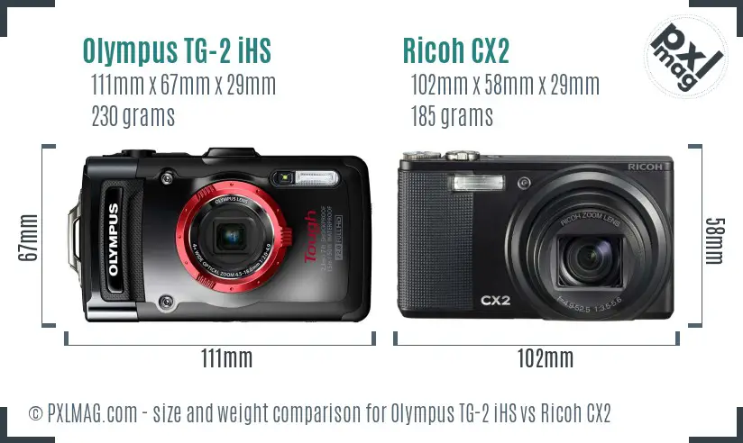 Olympus TG-2 iHS vs Ricoh CX2 size comparison