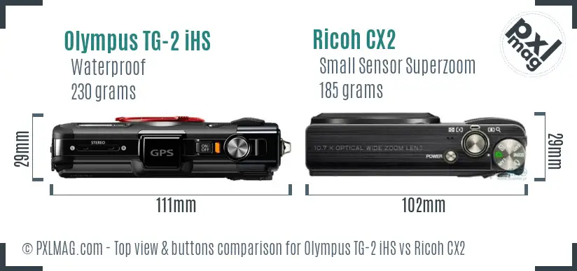 Olympus TG-2 iHS vs Ricoh CX2 top view buttons comparison