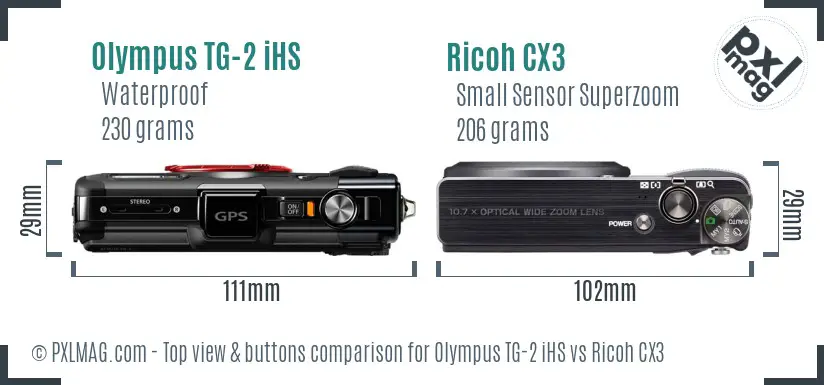 Olympus TG-2 iHS vs Ricoh CX3 top view buttons comparison