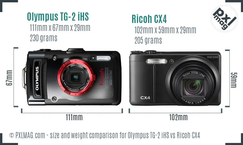 Olympus TG-2 iHS vs Ricoh CX4 size comparison Olympus TG-2 iHS vs Ricoh CX4 size comparison