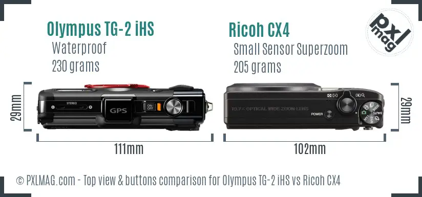 Olympus TG-2 iHS vs Ricoh CX4 top view buttons comparison Olympus TG-2 iHS vs Ricoh CX4 top view buttons comparison