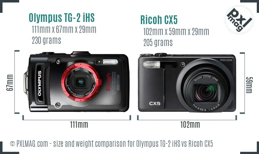 Olympus TG-2 iHS vs Ricoh CX5 size comparison Olympus TG-2 iHS vs Ricoh CX5 size comparison