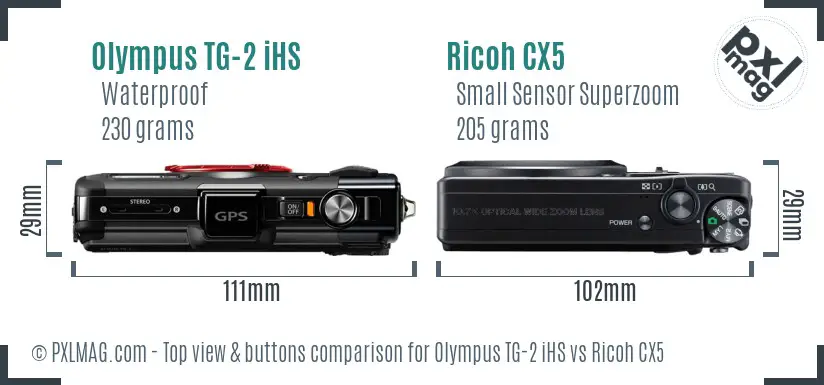 Olympus TG-2 iHS vs Ricoh CX5 top view buttons comparison Olympus TG-2 iHS vs Ricoh CX5 top view buttons comparison