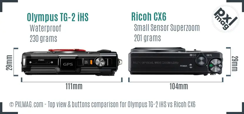 Olympus TG-2 iHS vs Ricoh CX6 top view buttons comparison