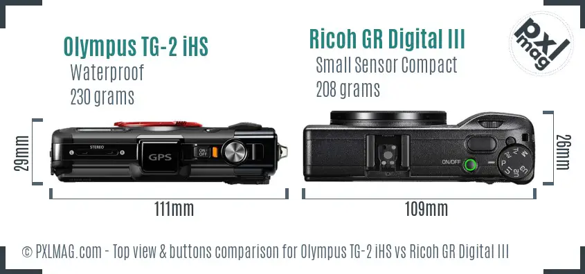 Olympus TG-2 iHS vs Ricoh GR Digital III top view buttons comparison