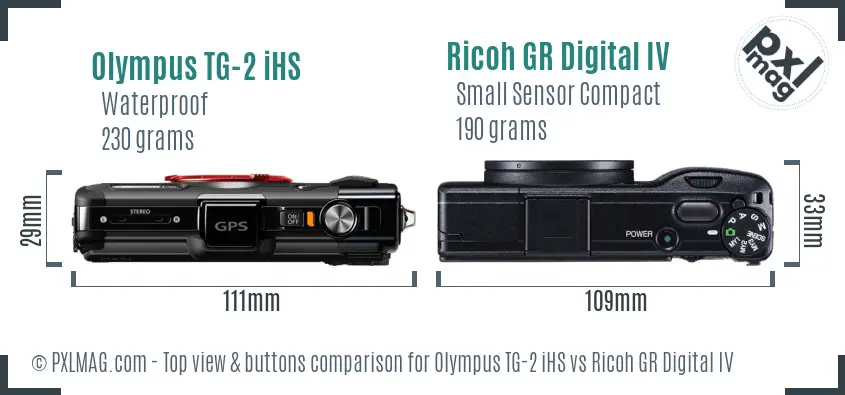 Olympus TG-2 iHS vs Ricoh GR Digital IV top view buttons comparison