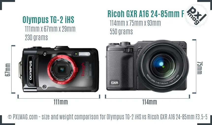 Olympus TG-2 iHS vs Ricoh GXR A16 24-85mm F3.5-5.5 size comparison