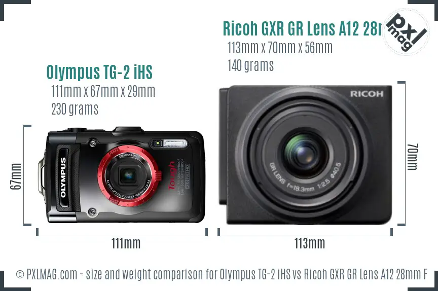 Olympus TG-2 iHS vs Ricoh GXR GR Lens A12 28mm F2.5 size comparison