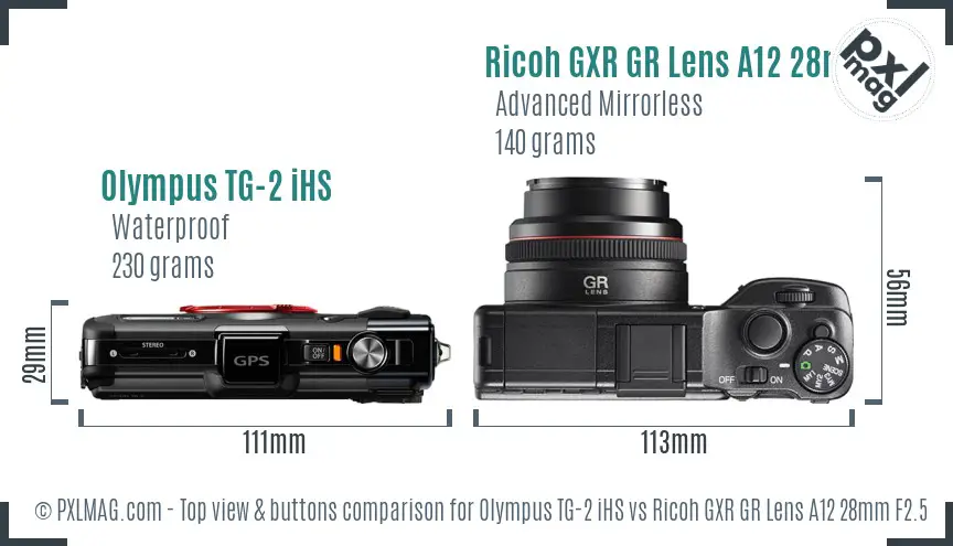 Olympus TG-2 iHS vs Ricoh GXR GR Lens A12 28mm F2.5 top view buttons comparison