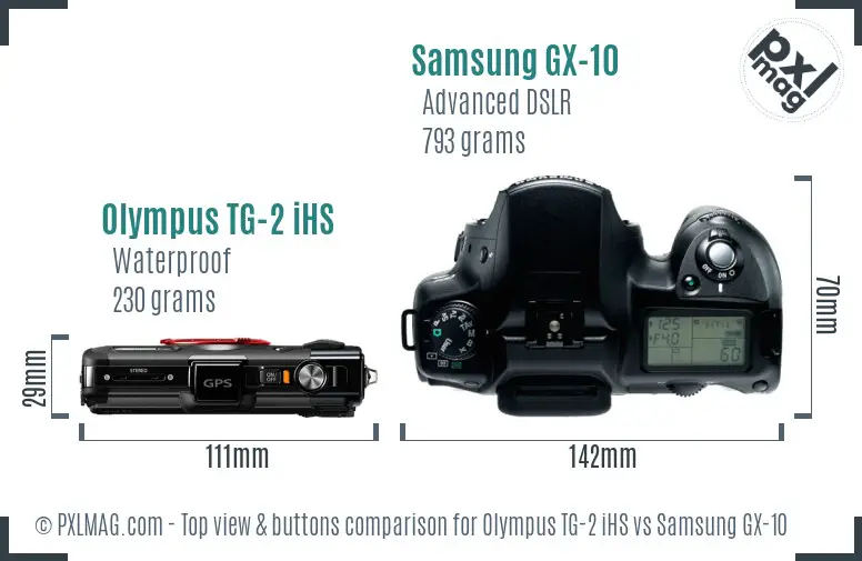 Olympus TG-2 iHS vs Samsung GX-10 top view buttons comparison