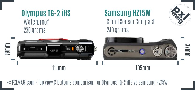 Olympus TG-2 iHS vs Samsung HZ15W top view buttons comparison