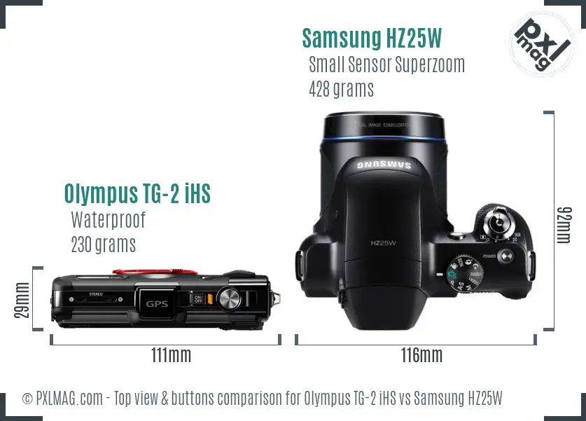 Olympus TG-2 iHS vs Samsung HZ25W top view buttons comparison