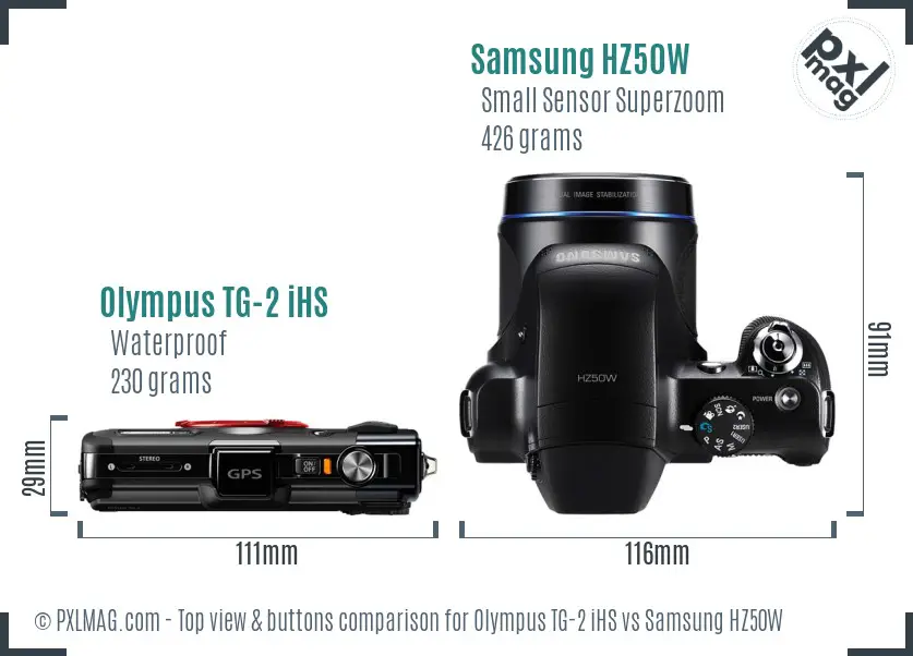 Olympus TG-2 iHS vs Samsung HZ50W top view buttons comparison