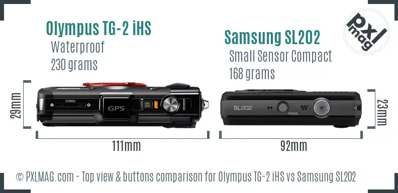 Olympus TG-2 iHS vs Samsung SL202 top view buttons comparison Olympus TG-2 iHS vs Samsung SL202 top view buttons comparison