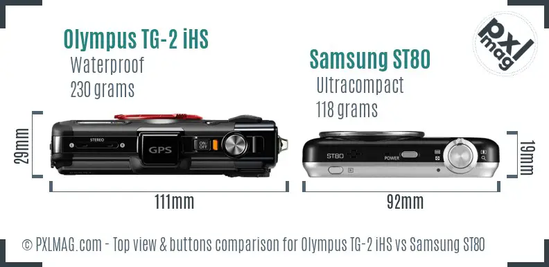 Olympus TG-2 iHS vs Samsung ST80 top view buttons comparison Olympus TG-2 iHS vs Samsung ST80 top view buttons comparison