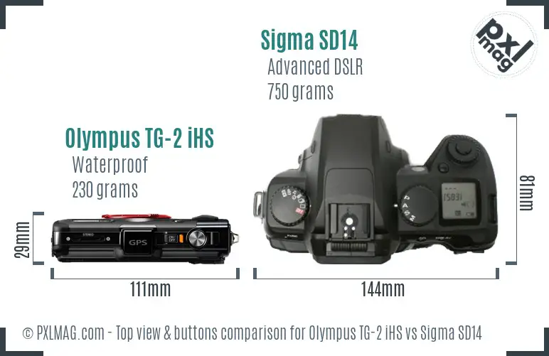 Olympus TG-2 iHS vs Sigma SD14 top view buttons comparison Olympus TG-2 iHS vs Sigma SD14 top view buttons comparison