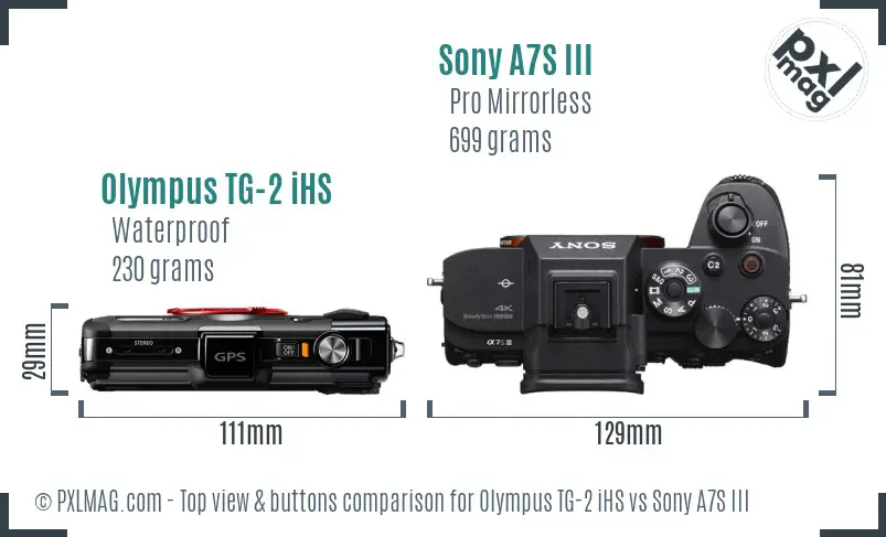 Olympus TG-2 iHS vs Sony A7S III top view buttons comparison Olympus TG-2 iHS vs Sony A7S III top view buttons comparison