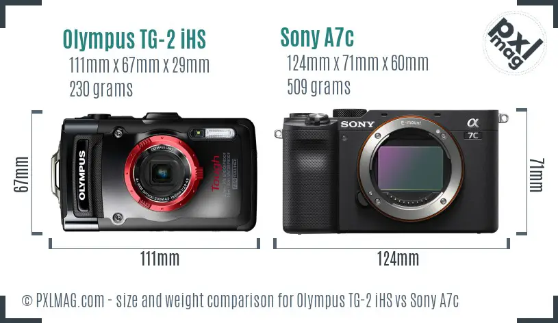 Olympus TG-2 iHS vs Sony A7c size comparison