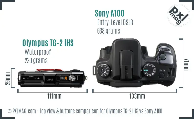 Olympus TG-2 iHS vs Sony A100 top view buttons comparison