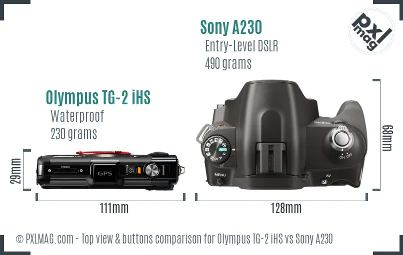 Olympus TG-2 iHS vs Sony A230 top view buttons comparison
