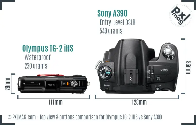 Olympus TG-2 iHS vs Sony A390 top view buttons comparison
