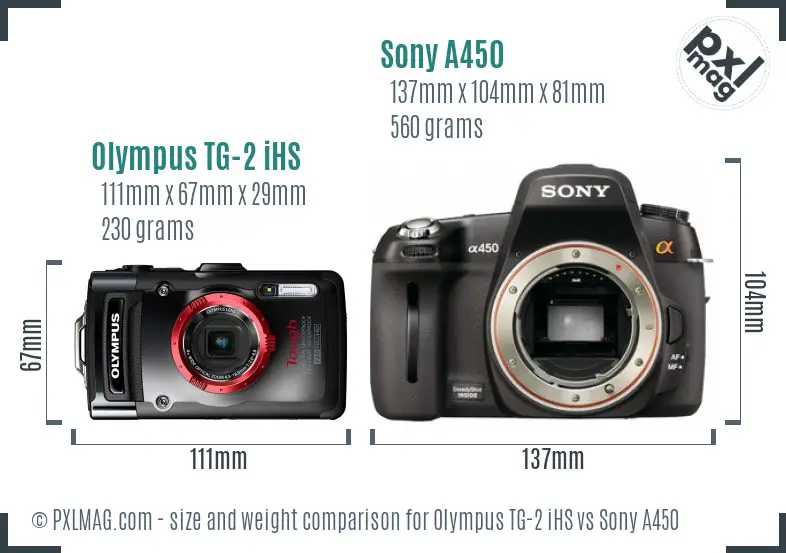 Olympus TG-2 iHS vs Sony A450 size comparison