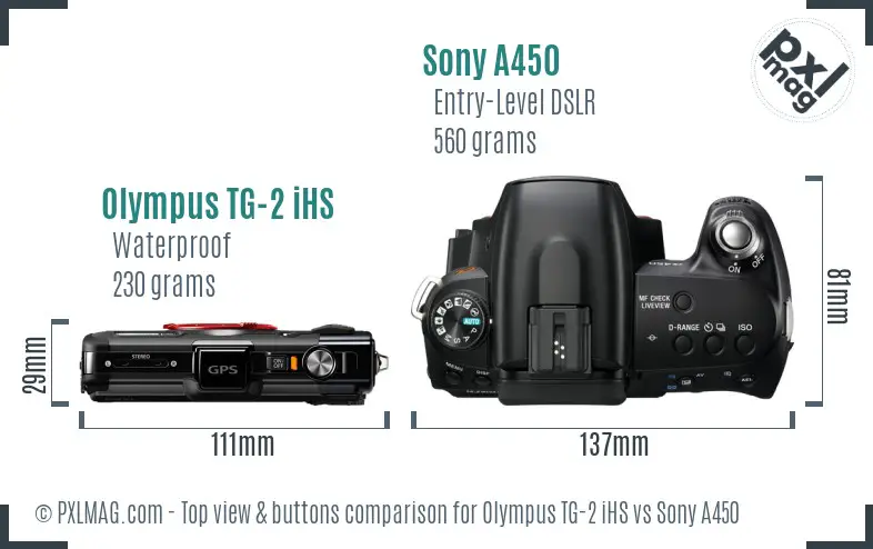Olympus TG-2 iHS vs Sony A450 top view buttons comparison