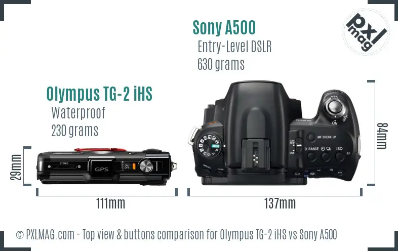 Olympus TG-2 iHS vs Sony A500 top view buttons comparison