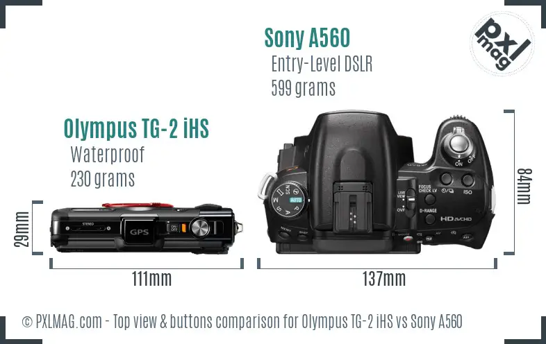 Olympus TG-2 iHS vs Sony A560 top view buttons comparison