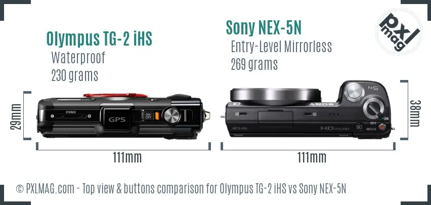 Olympus TG-2 iHS vs Sony NEX-5N top view buttons comparison