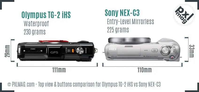 Olympus TG-2 iHS vs Sony NEX-C3 top view buttons comparison