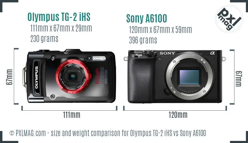 Olympus TG-2 iHS vs Sony A6100 size comparison