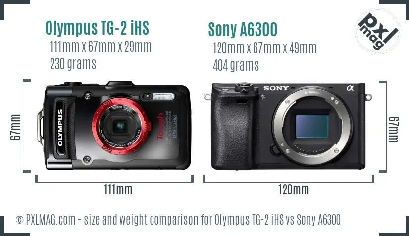 Olympus TG-2 iHS vs Sony A6300 size comparison