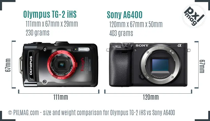 Olympus TG-2 iHS vs Sony A6400 size comparison