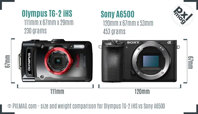 Olympus TG-2 iHS vs Sony A6500 size comparison