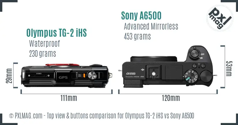Olympus TG-2 iHS vs Sony A6500 top view buttons comparison