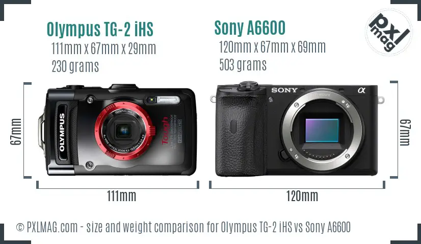 Olympus TG-2 iHS vs Sony A6600 size comparison