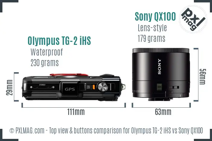 Olympus TG-2 iHS vs Sony QX100 top view buttons comparison